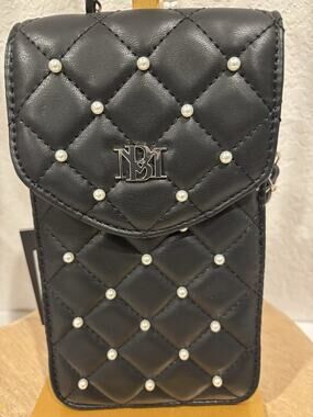 Badgley Mischka Black Quilted Pearl Studded Crossbody Phone Bag Snap Closure